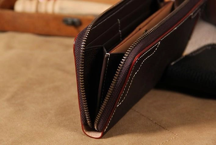Handmade Leather Long Coffee Mens Clutch Wallet Vintage Zipper Wallet for Men