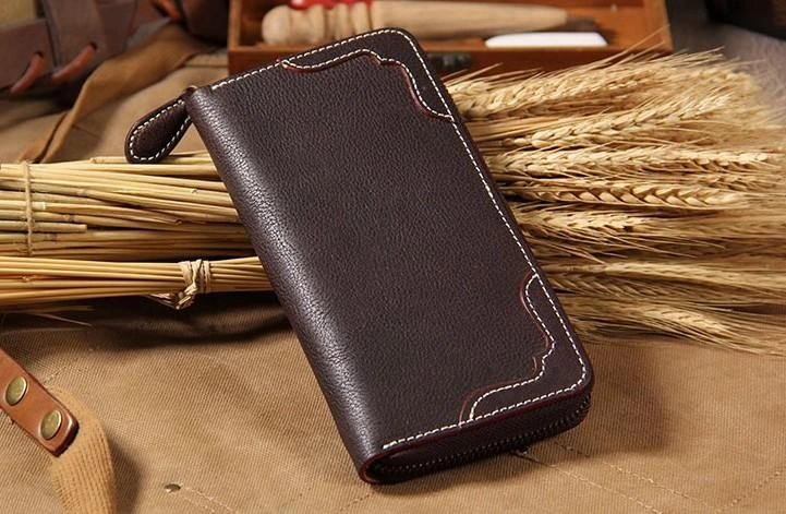 Handmade Leather Long Coffee Mens Clutch Wallet Vintage Zipper Wallet for Men