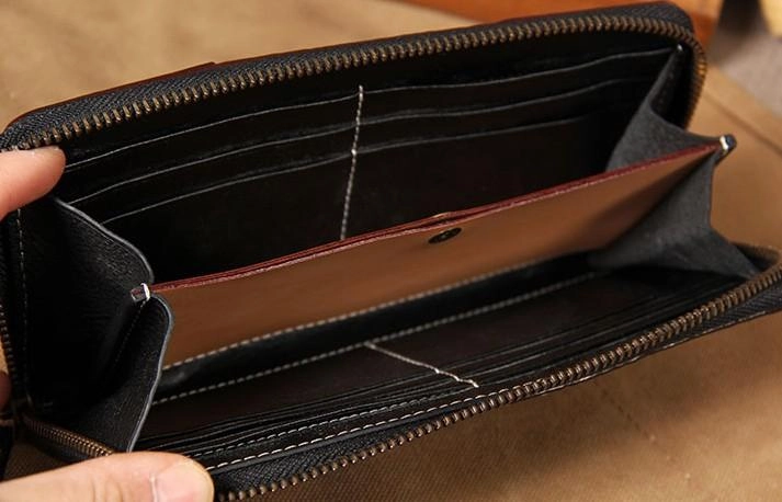 Handmade Leather Long Coffee Mens Clutch Wallet Vintage Zipper Wallet for Men