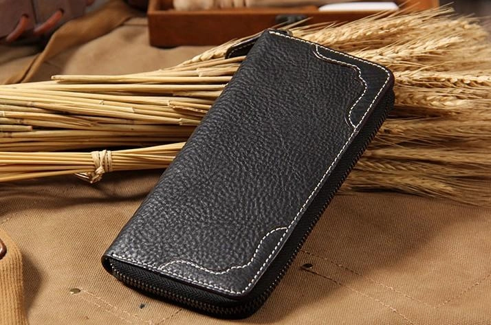 Handmade Leather Long Coffee Mens Clutch Wallet Vintage Zipper Wallet for Men