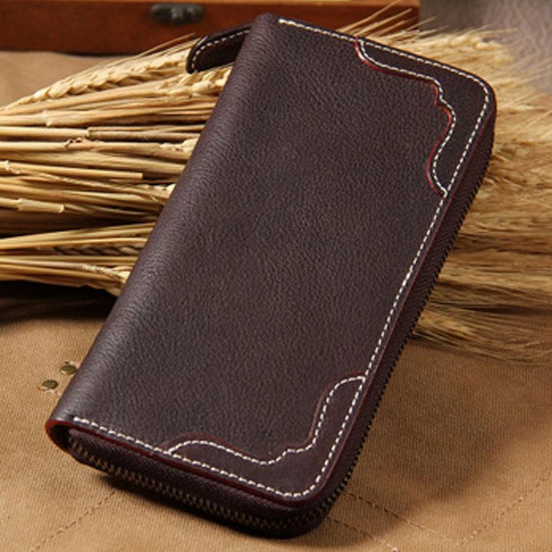 Handmade Leather Long Coffee Mens Clutch Wallet Vintage Zipper Wallet for Men