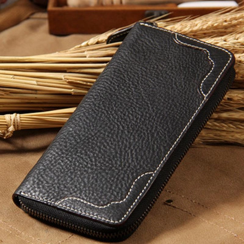 Handmade Leather Long Coffee Mens Clutch Wallet Vintage Zipper Wallet for Men