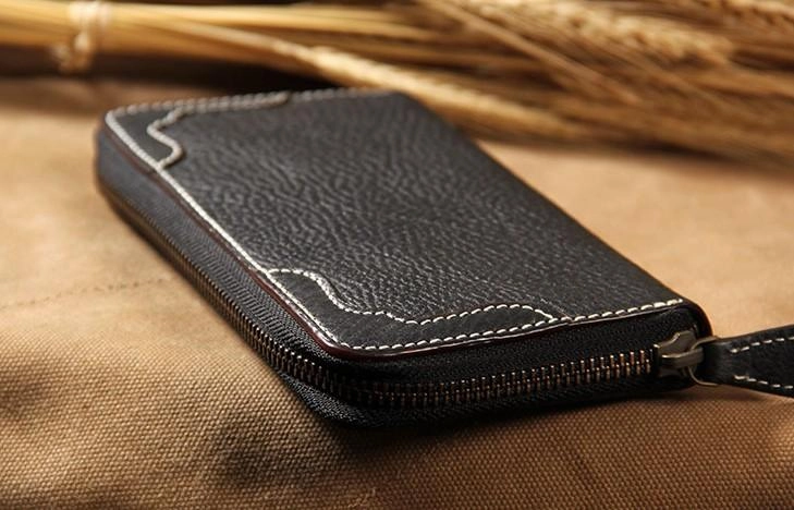 Handmade Leather Long Coffee Mens Clutch Wallet Vintage Zipper Wallet for Men