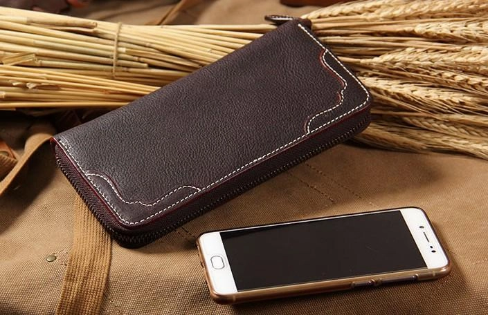 Handmade Leather Long Coffee Mens Clutch Wallet Vintage Zipper Wallet for Men
