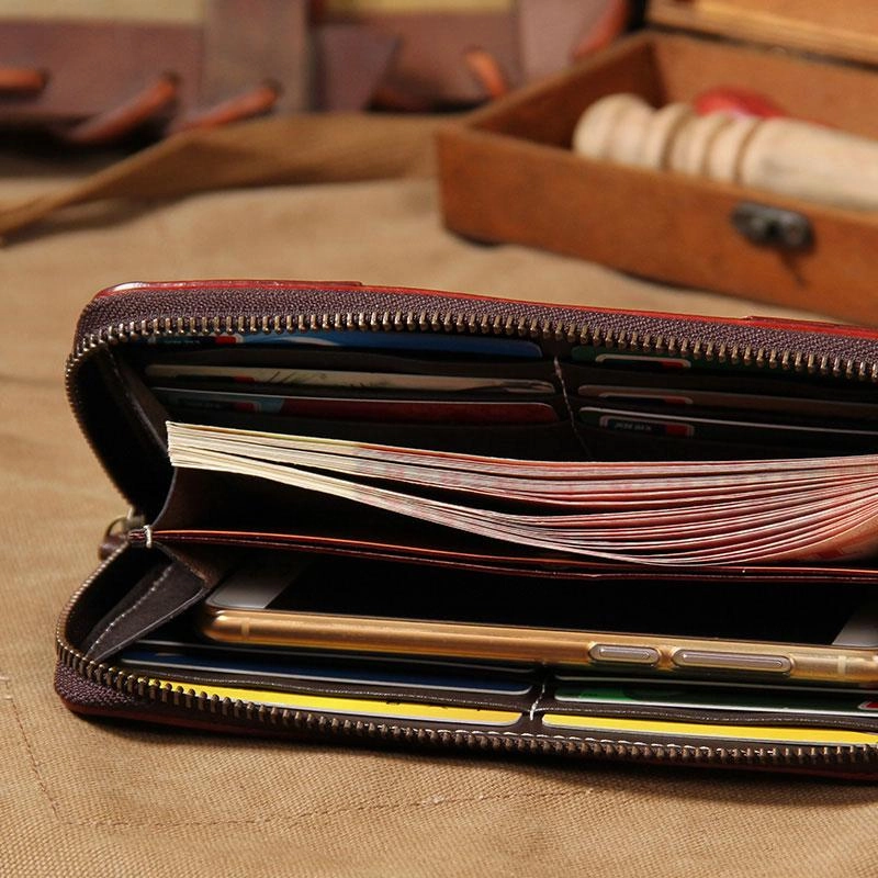 Handmade Leather Long Coffee Mens Clutch Wallet Vintage Zipper Wallet for Men