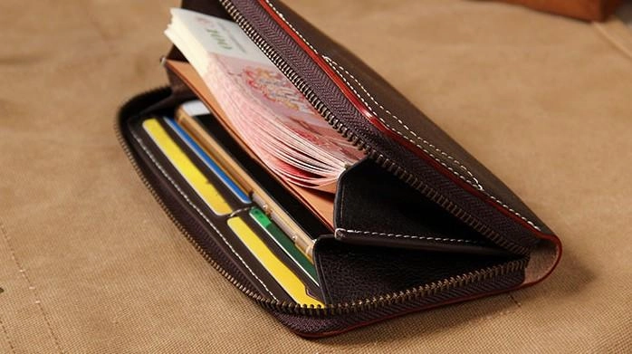 Handmade Leather Long Coffee Mens Clutch Wallet Vintage Zipper Wallet for Men