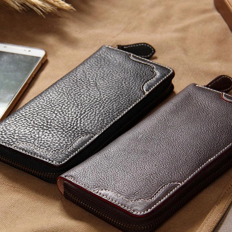 Handmade Leather Long Coffee Mens Clutch Wallet Vintage Zipper Wallet for Men