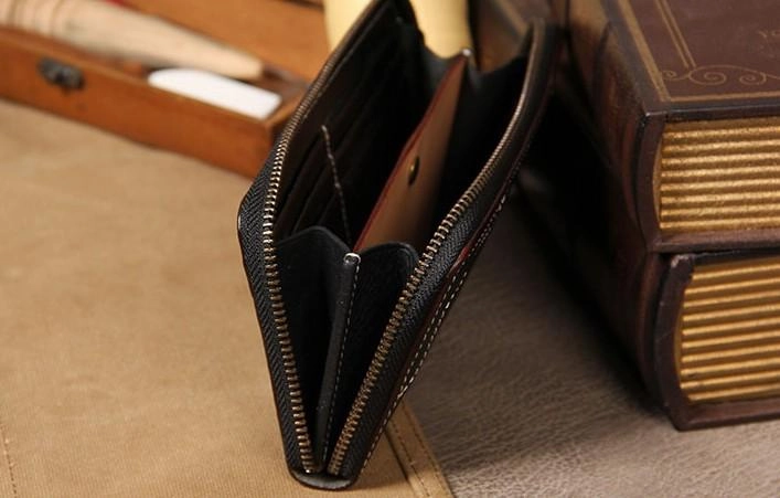 Handmade Leather Long Coffee Mens Clutch Wallet Vintage Zipper Wallet for Men