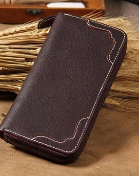 Handmade Leather Long Coffee Mens Clutch Wallet Vintage Zipper Wallet for Men