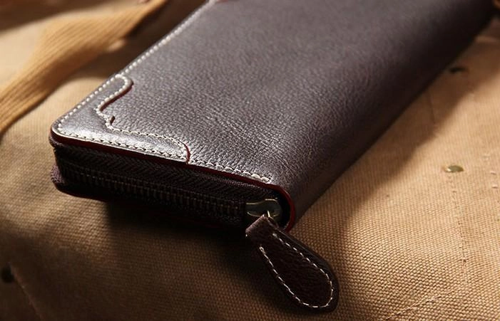 Handmade Leather Long Coffee Mens Clutch Wallet Vintage Zipper Wallet for Men