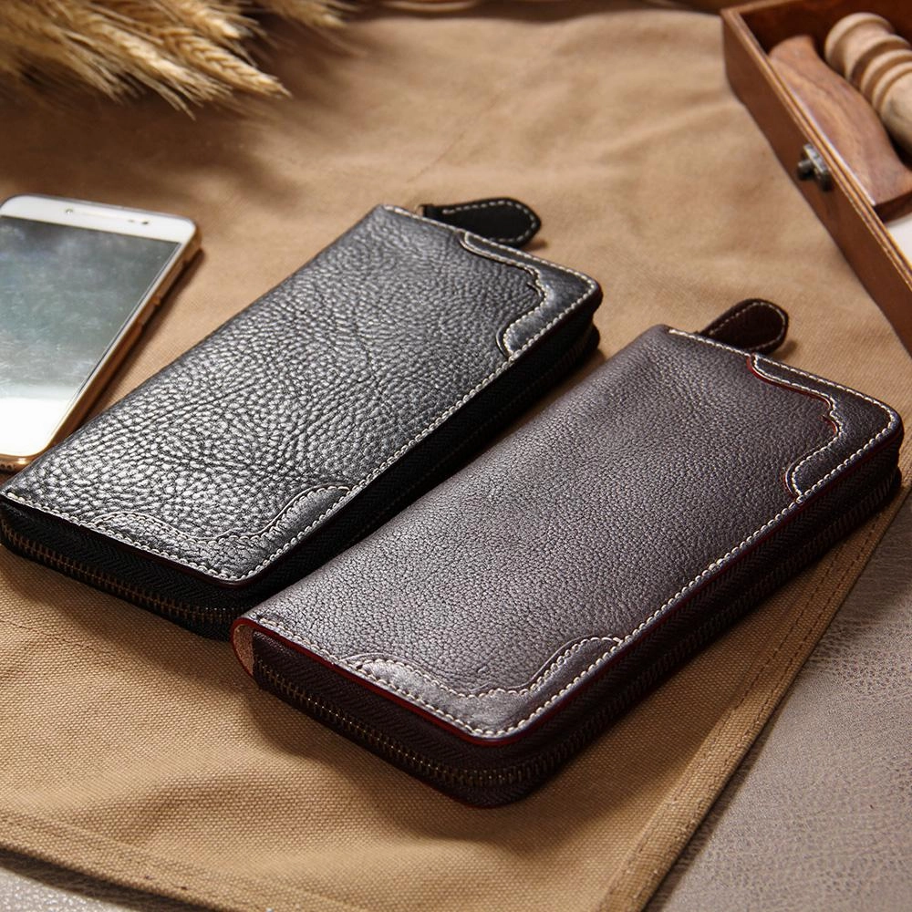 Handmade Leather Long Coffee Mens Clutch Wallet Vintage Zipper Wallet for Men