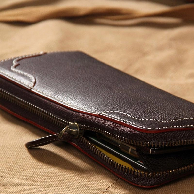 Handmade Leather Long Coffee Mens Clutch Wallet Vintage Zipper Wallet for Men