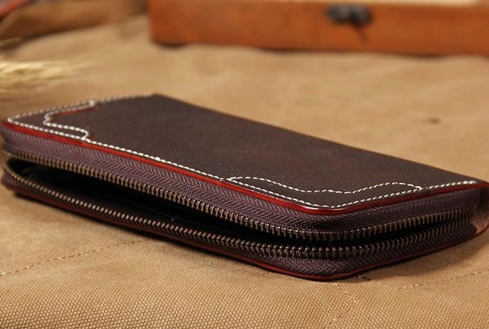 Handmade Leather Long Coffee Mens Clutch Wallet Vintage Zipper Wallet for Men