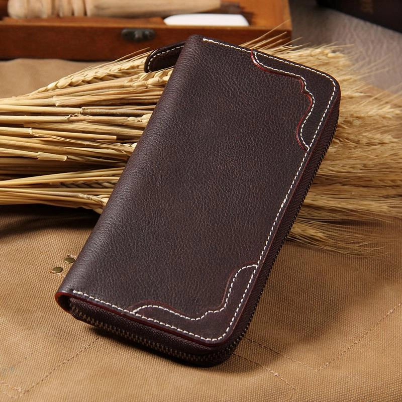 Handmade Leather Long Coffee Mens Clutch Wallet Vintage Zipper Wallet for Men