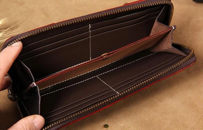 Handmade Leather Long Coffee Mens Clutch Wallet Vintage Zipper Wallet for Men