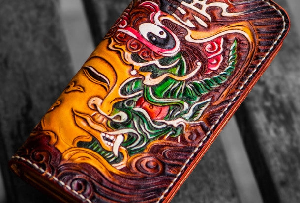 Handmade leather long tooled wallet Brown Buddha devil men clutch wallet