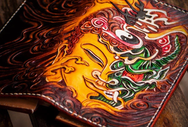 Handmade leather long tooled wallet Brown Buddha devil men clutch wallet