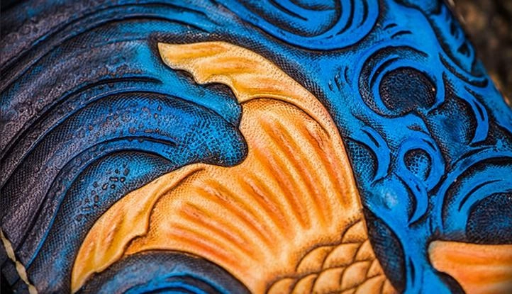 Handmade Leather Men Tooled Carp Cool Biker Leather Wallets Long Chain Wallets for Men
