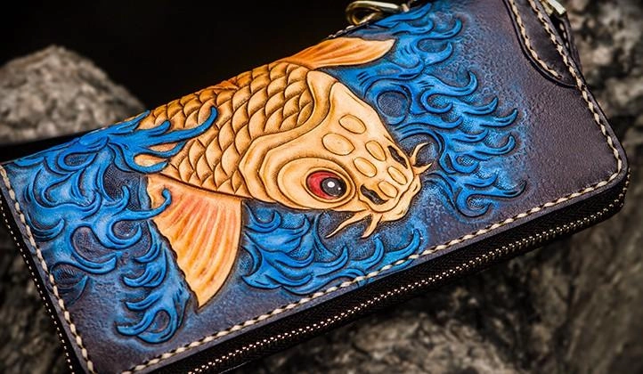 Handmade Leather Men Tooled Carp Cool Biker Leather Wallets Long Chain Wallets for Men