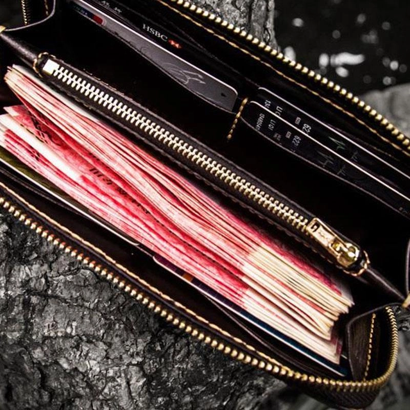 Handmade Leather Men Tooled Carp Cool Biker Leather Wallets Long Chain Wallets for Men