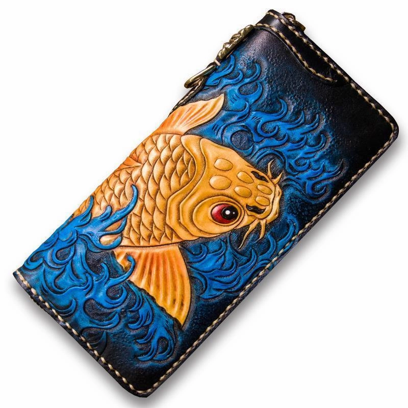 Handmade Leather Men Tooled Carp Cool Biker Leather Wallets Long Chain Wallets for Men