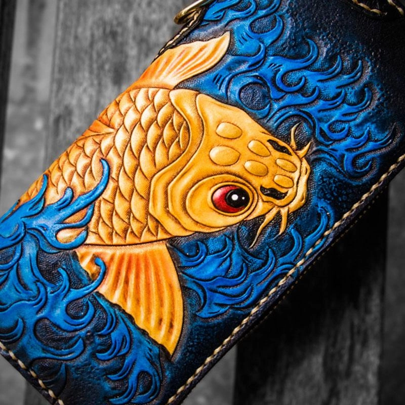 Handmade Leather Men Tooled Carp Cool Biker Leather Wallets Long Chain Wallets for Men