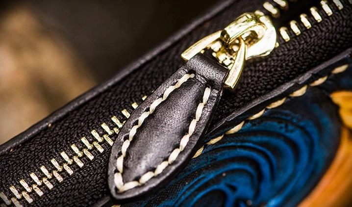 Handmade Leather Men Tooled Carp Cool Biker Leather Wallets Long Chain Wallets for Men
