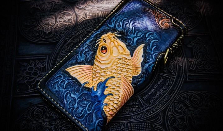 Handmade Leather Men Tooled Carp Cool Leather Biker Wallets Long Wallets for Men