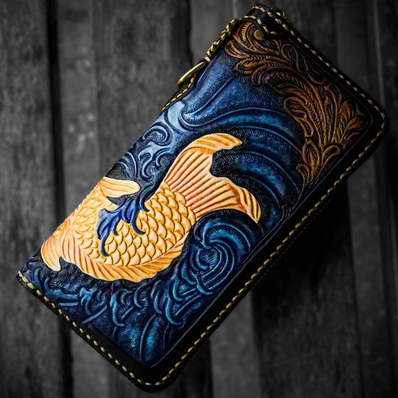 Handmade Leather Men Tooled Carp Cool Leather Biker Wallets Long Wallets for Men
