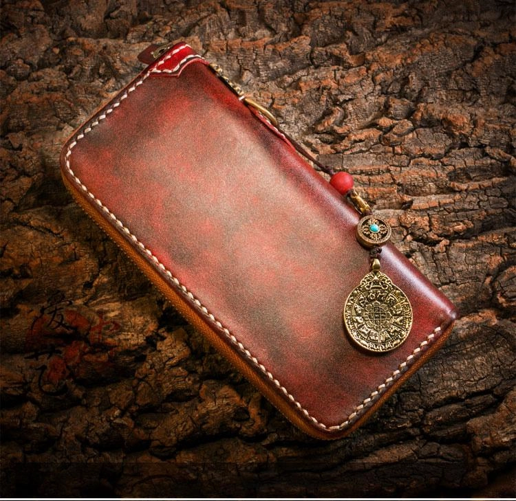 Handmade Leather Mens Biker Chain Wallet Cool Leather Biker Wallets Long Chain Wallet for Men