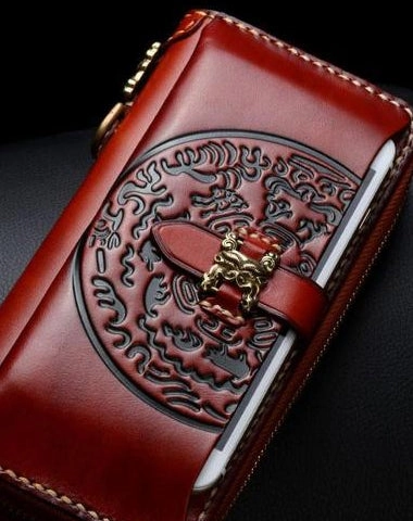 Handmade Leather Mens Chain Biker Wallet Cool Leather Wallet Long Phone Wallets for Men