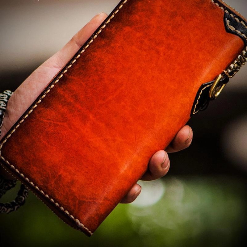 Handmade Leather Mens Chain Biker Wallet Cool Leather Wallet Long Wallets for Men