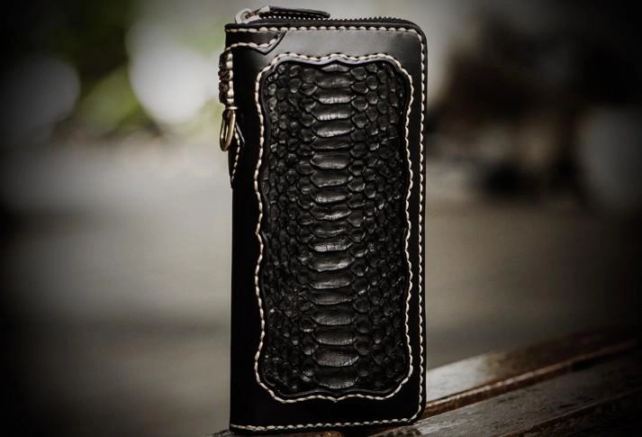 Handmade Leather Mens Chain Biker Wallet Leather Clutch Wallet Cool Long Wallets for Men