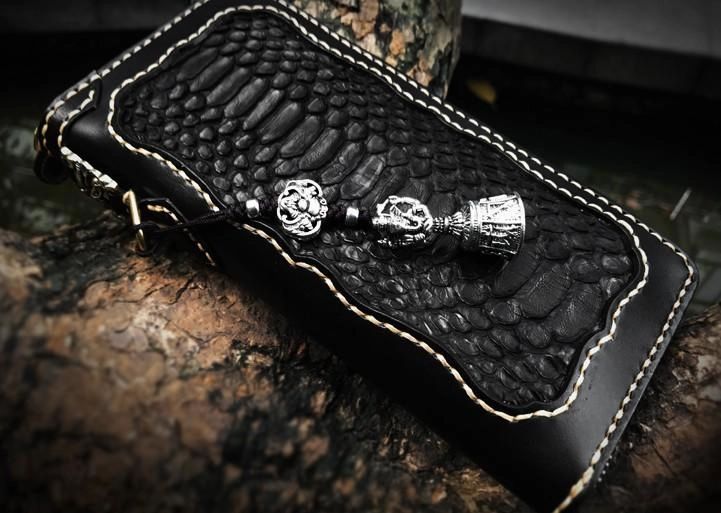 Handmade Leather Mens Chain Biker Wallet Leather Clutch Wallet Cool Long Wallets for Men