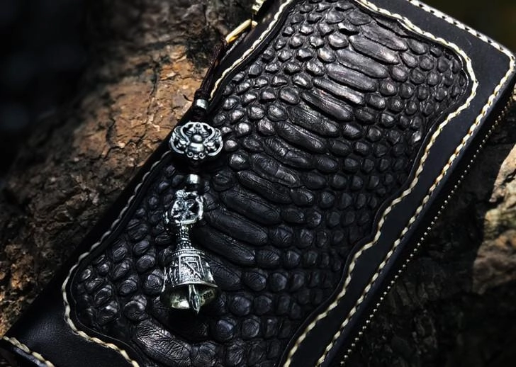 Handmade Leather Mens Chain Biker Wallet Leather Clutch Wallet Cool Long Wallets for Men
