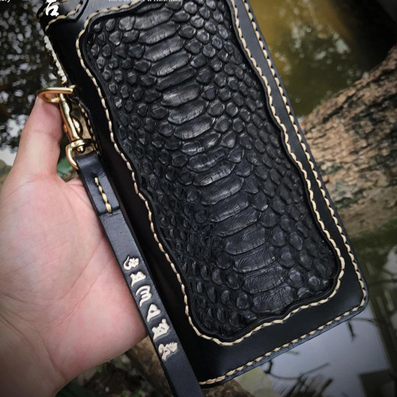 Handmade Leather Mens Chain Biker Wallet Leather Clutch Wallet Cool Long Wallets for Men