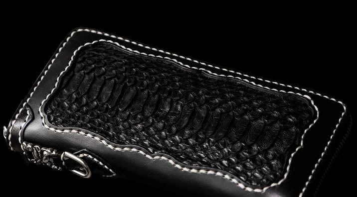 Handmade Leather Mens Chain Biker Wallet Leather Clutch Wallet Cool Long Wallets for Men