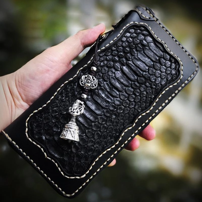 Handmade Leather Mens Chain Biker Wallet Leather Clutch Wallet Cool Long Wallets for Men