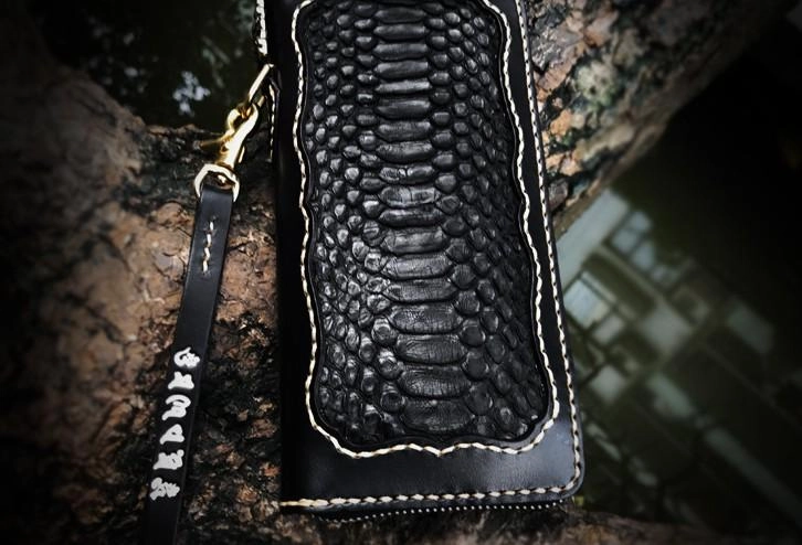Handmade Leather Mens Chain Biker Wallet Leather Clutch Wallet Cool Long Wallets for Men