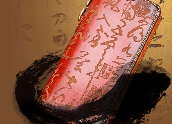 Handmade Leather Mens Chinese Handwriting Chain Biker Wallet Cool Leather Wallet Long Phone Wallets for Men