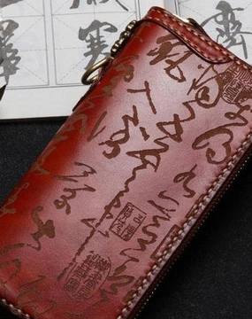 Handmade Leather Mens Chinese Handwriting Chain Biker Wallet Cool Leather Wallet Long Phone Wallets for Men
