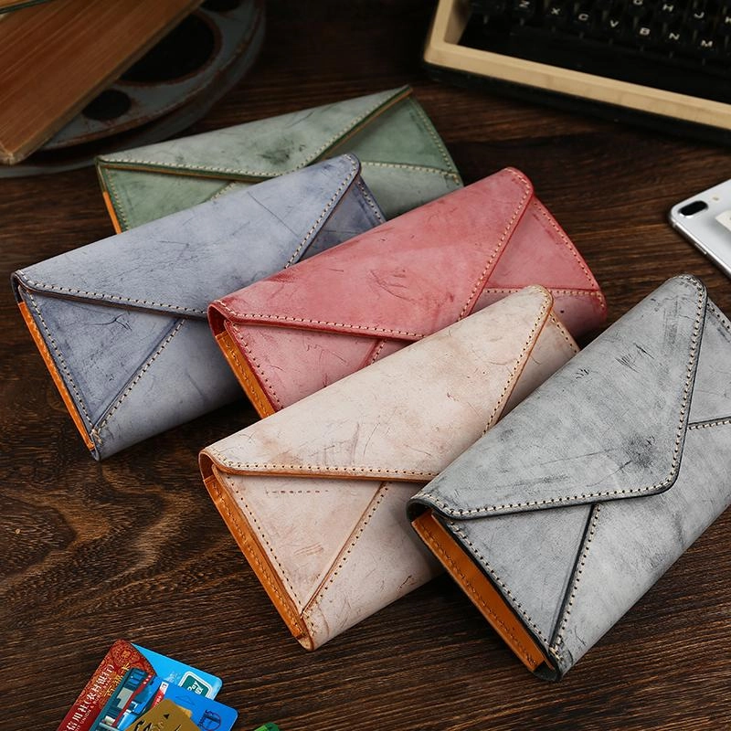 Handmade Leather Mens Gray Envelope Long Wallet Blue Long Wallet Clutch Bag For Men