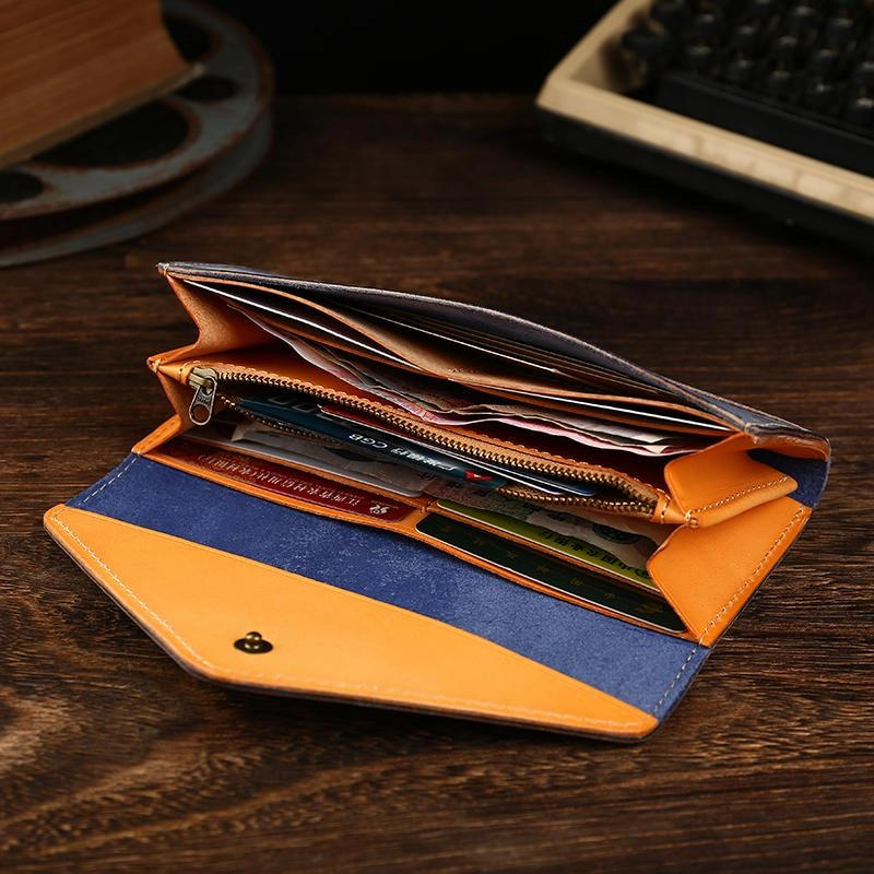 Handmade Leather Mens Gray Envelope Long Wallet Blue Long Wallet Clutch Bag For Men