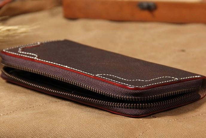Handmade Leather Mens Long Clutch Wallet Vintage Zipper Wallet for Men