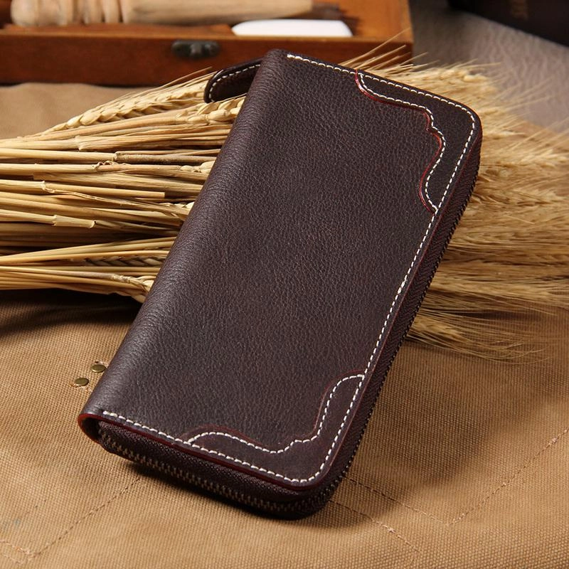 Handmade Leather Mens Long Clutch Wallet Vintage Zipper Wallet for Men