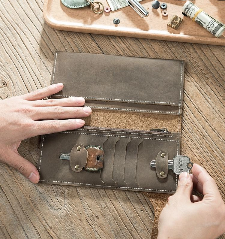 Handmade Leather Mens Slim Wallet Cool Leather Wallet Long Phone Wallets for Men