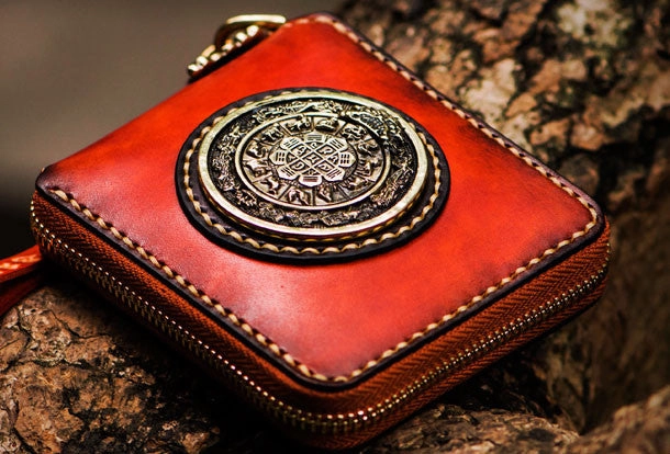 Handmade leather Mens Tibet Small biker wallet zipper billfold Chain Wallet for Men