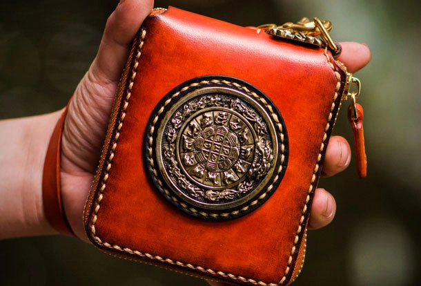 Handmade leather Mens Tibet Small biker wallet zipper billfold Chain Wallet for Men