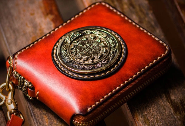 Handmade leather Mens Tibet Small biker wallet zipper billfold Chain Wallet for Men