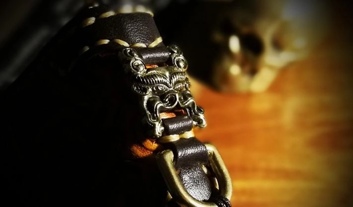 Handmade Leather Mens Tooled Buddha&Demon Chain Biker Wallet Cool Leather Wallet Long Clutch Wallets for Men